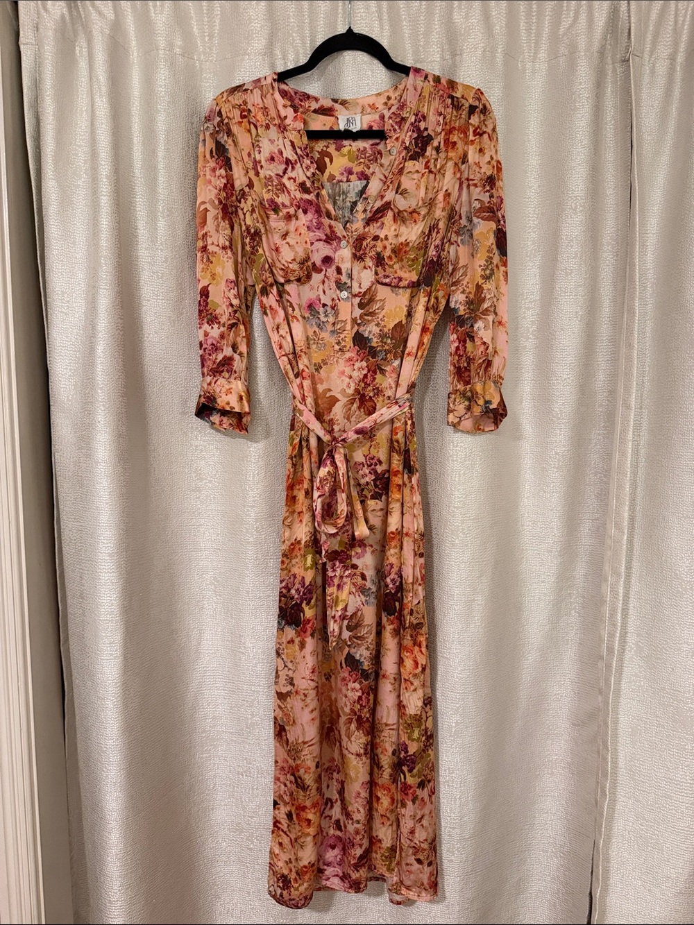 Pink Floral Tie-Waist Maxi Dress with Long Sleeves